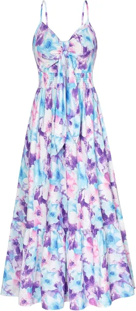 GRACE KARIN Women's 2025 Summer Maxi Dress Floral Tie Front Spaghetti Strap Casual Boho Beach Flowy Sundress with Pockets