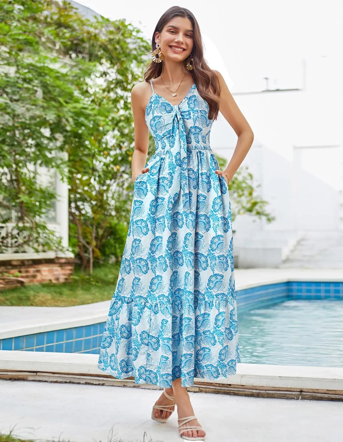 GRACE KARIN Women's 2025 Summer Maxi Dress Floral Tie Front Spaghetti Strap Casual Boho Beach Flowy Sundress with Pockets