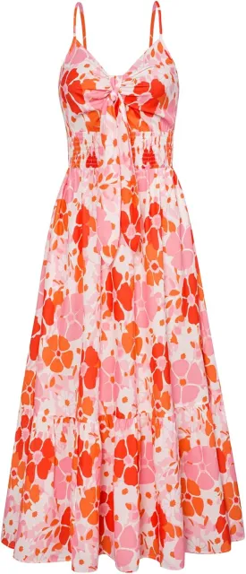 GRACE KARIN Women's 2025 Summer Maxi Dress Floral Tie Front Spaghetti Strap Casual Boho Beach Flowy Sundress with Pockets