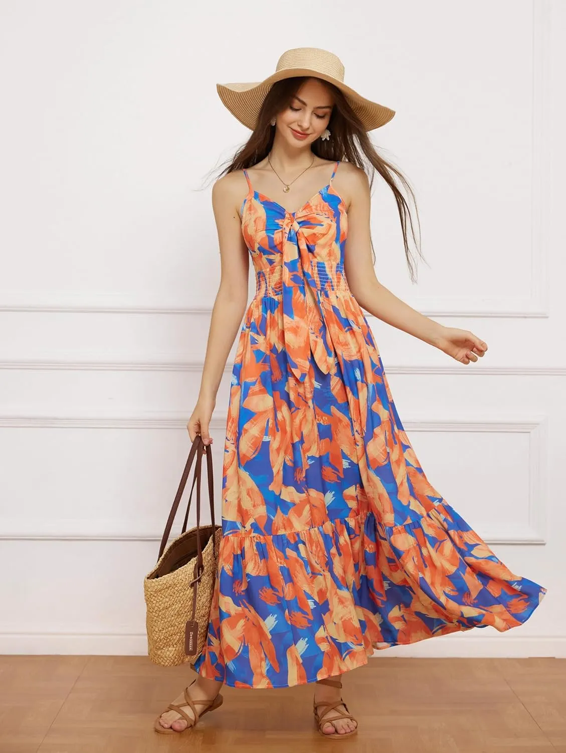GRACE KARIN Women's 2025 Summer Maxi Dress Floral Tie Front Spaghetti Strap Casual Boho Beach Flowy Sundress with Pockets