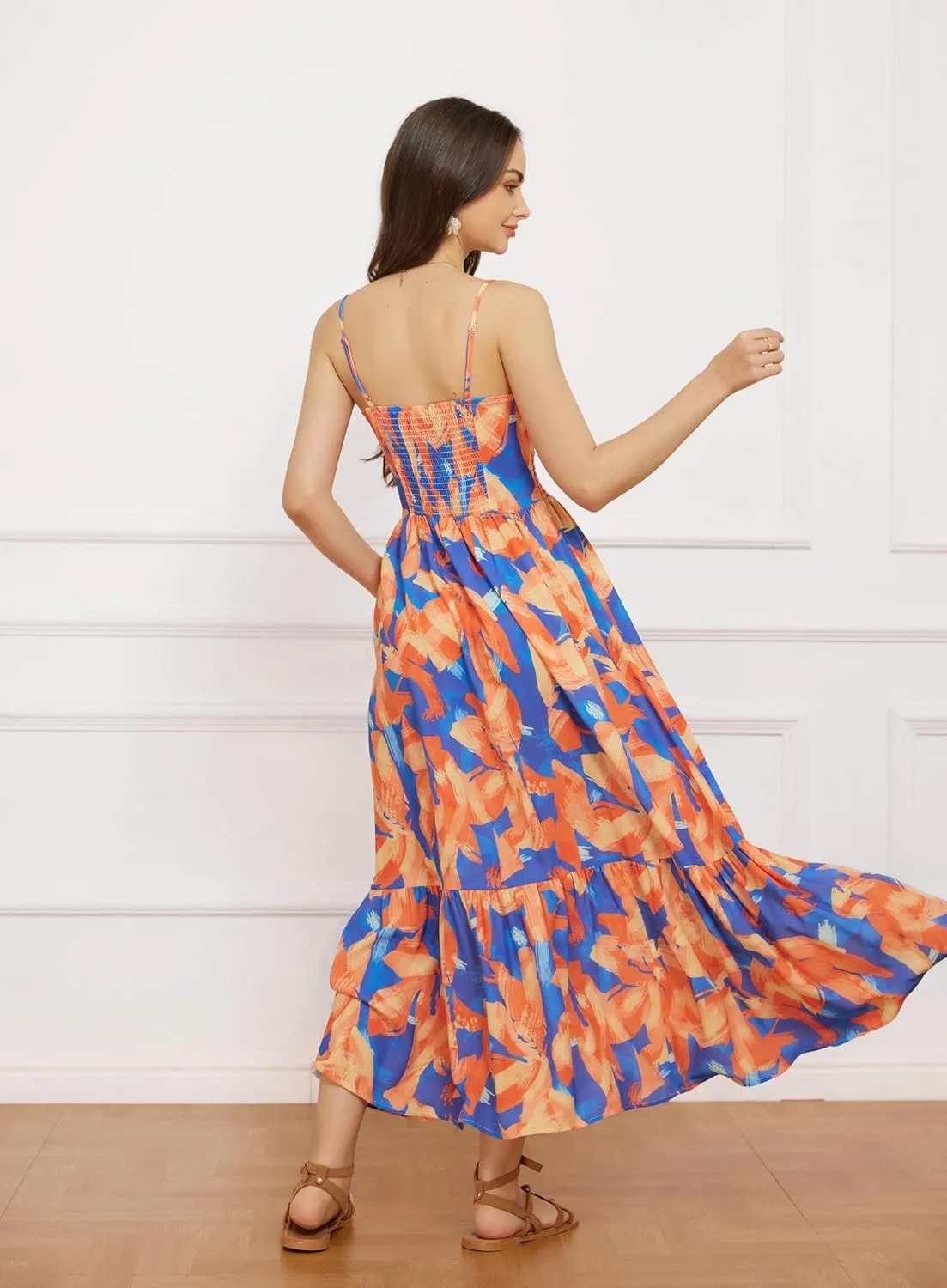 GRACE KARIN Women's 2025 Summer Maxi Dress Floral Tie Front Spaghetti Strap Casual Boho Beach Flowy Sundress with Pockets