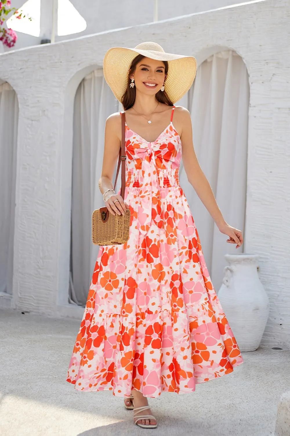 GRACE KARIN Women's 2025 Summer Maxi Dress Floral Tie Front Spaghetti Strap Casual Boho Beach Flowy Sundress with Pockets