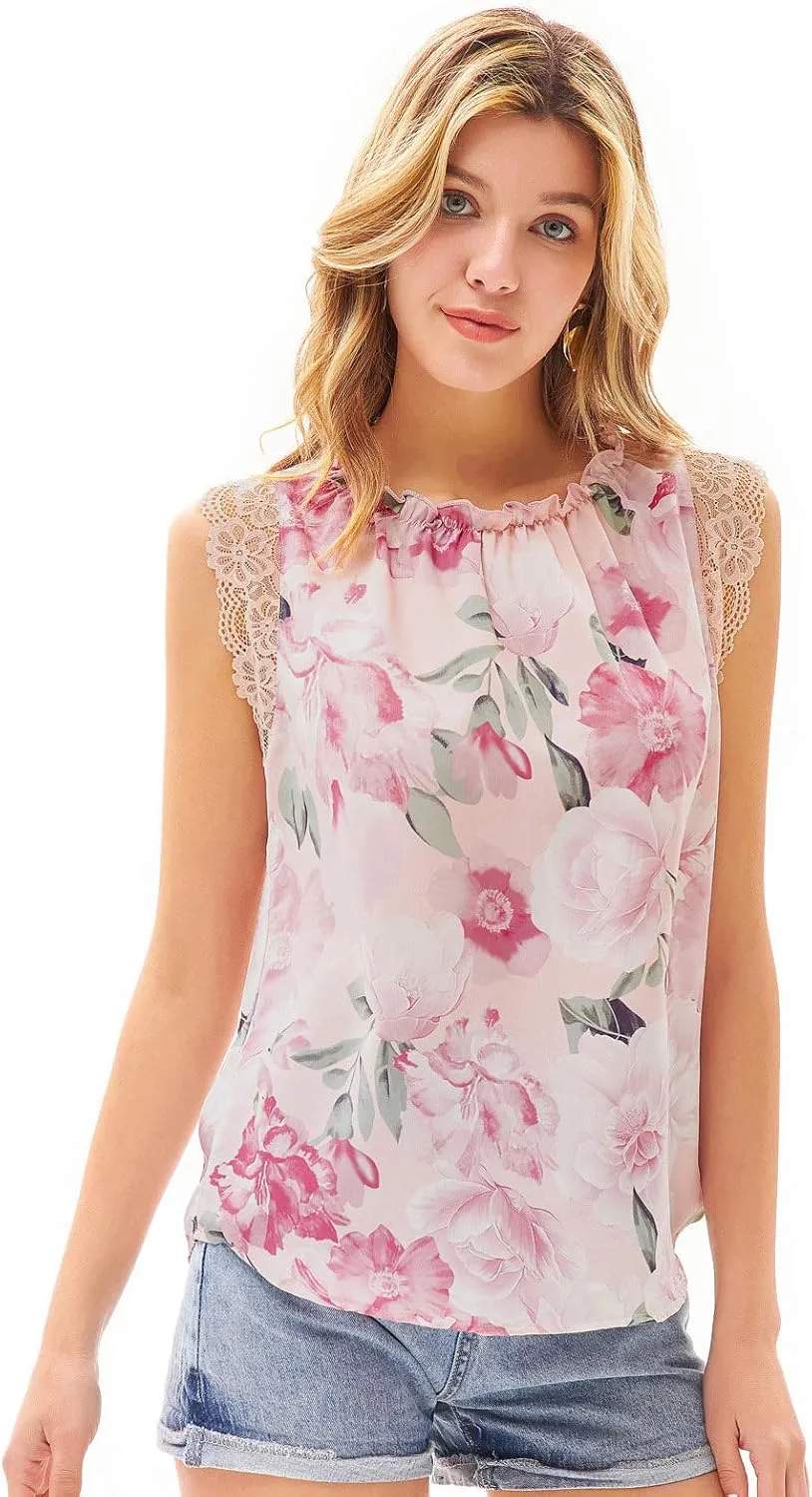 GRACE KARIN Women's Work Chiffon Blouses Casual Tank Tops Short Sleeve Caual Shirts Lace Loose Fit
