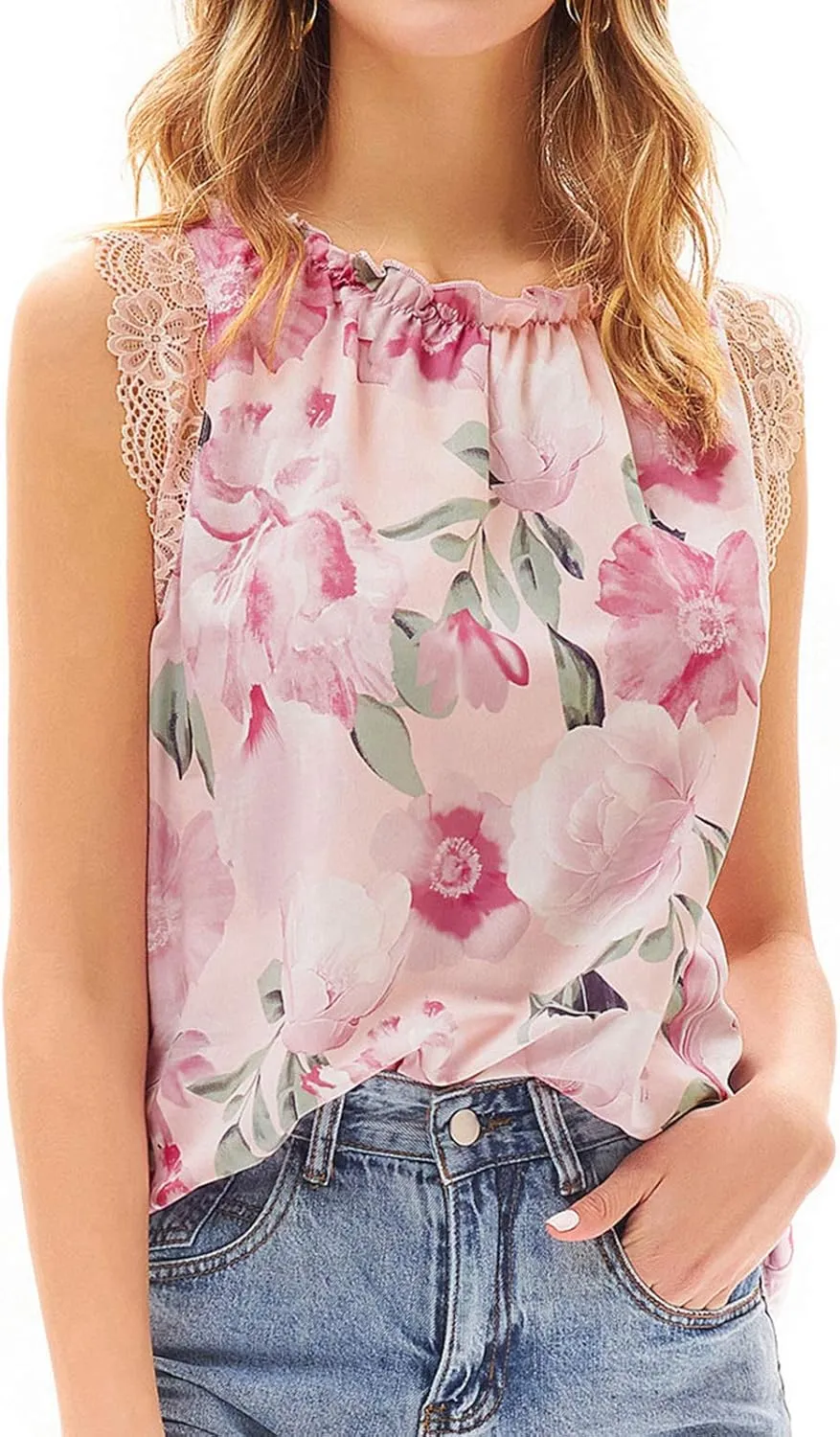 GRACE KARIN Women's Work Chiffon Blouses Casual Tank Tops Short Sleeve Caual Shirts Lace Loose Fit