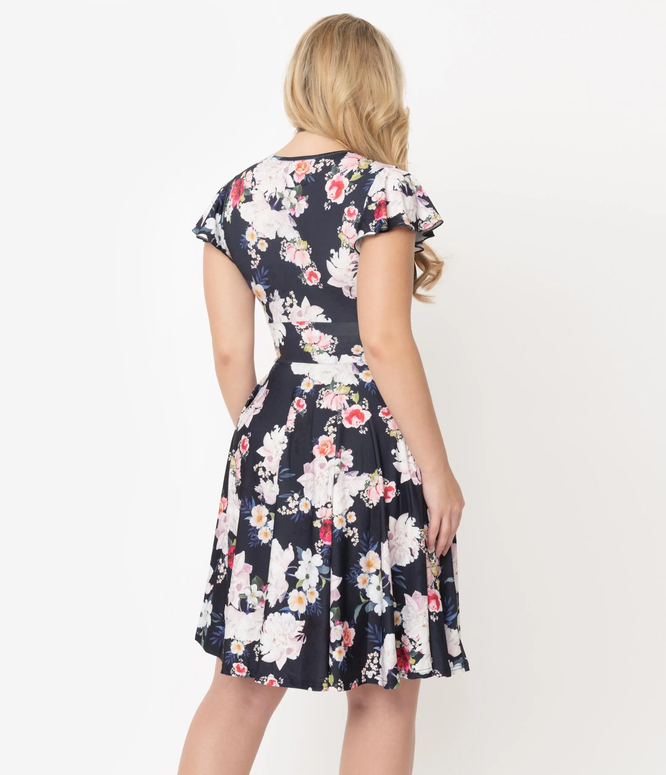 Hell Bunny Navy Blue Floral Print Flutter Sleeve Tussy Mussy Dress