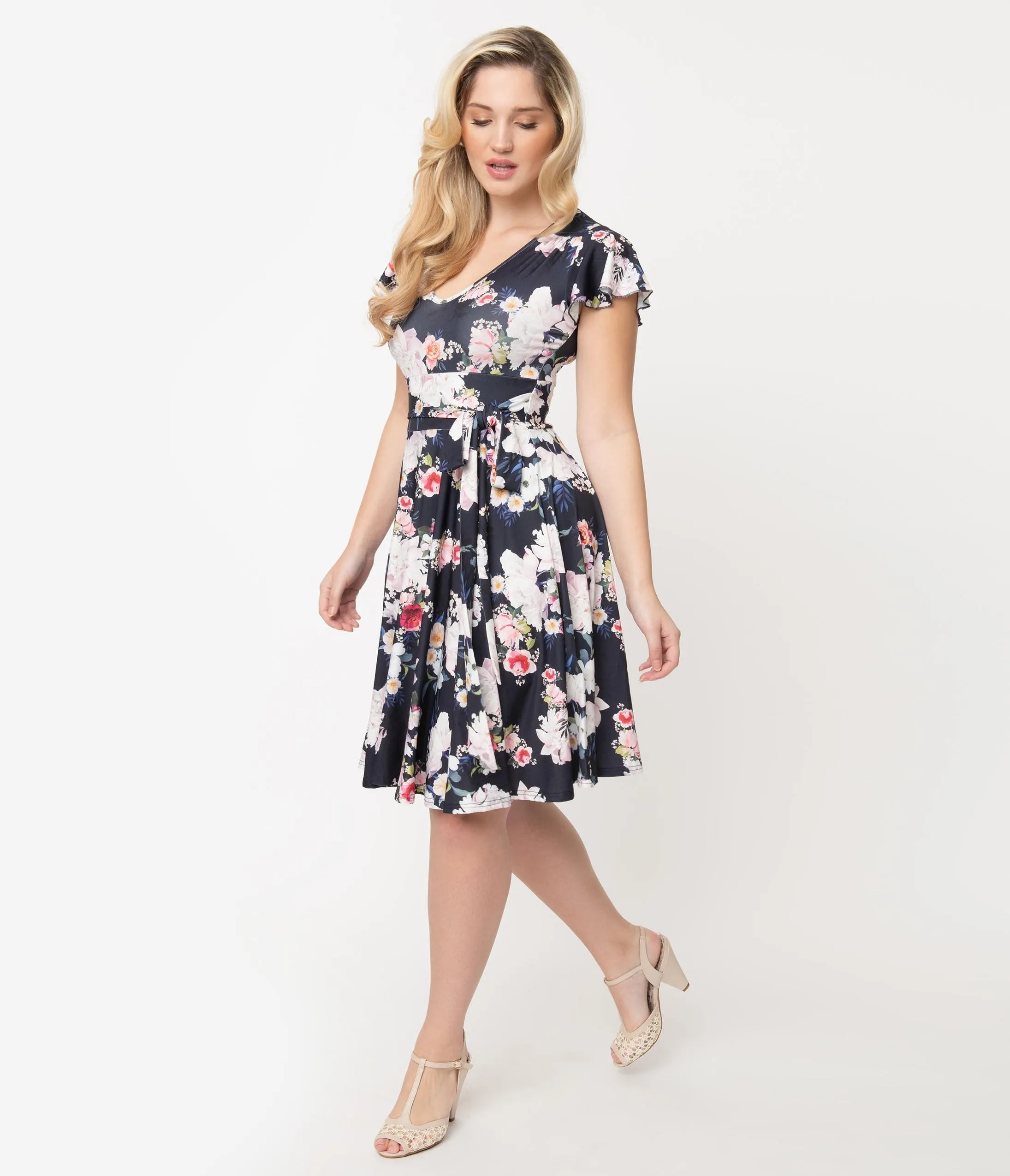 Hell Bunny Navy Blue Floral Print Flutter Sleeve Tussy Mussy Dress