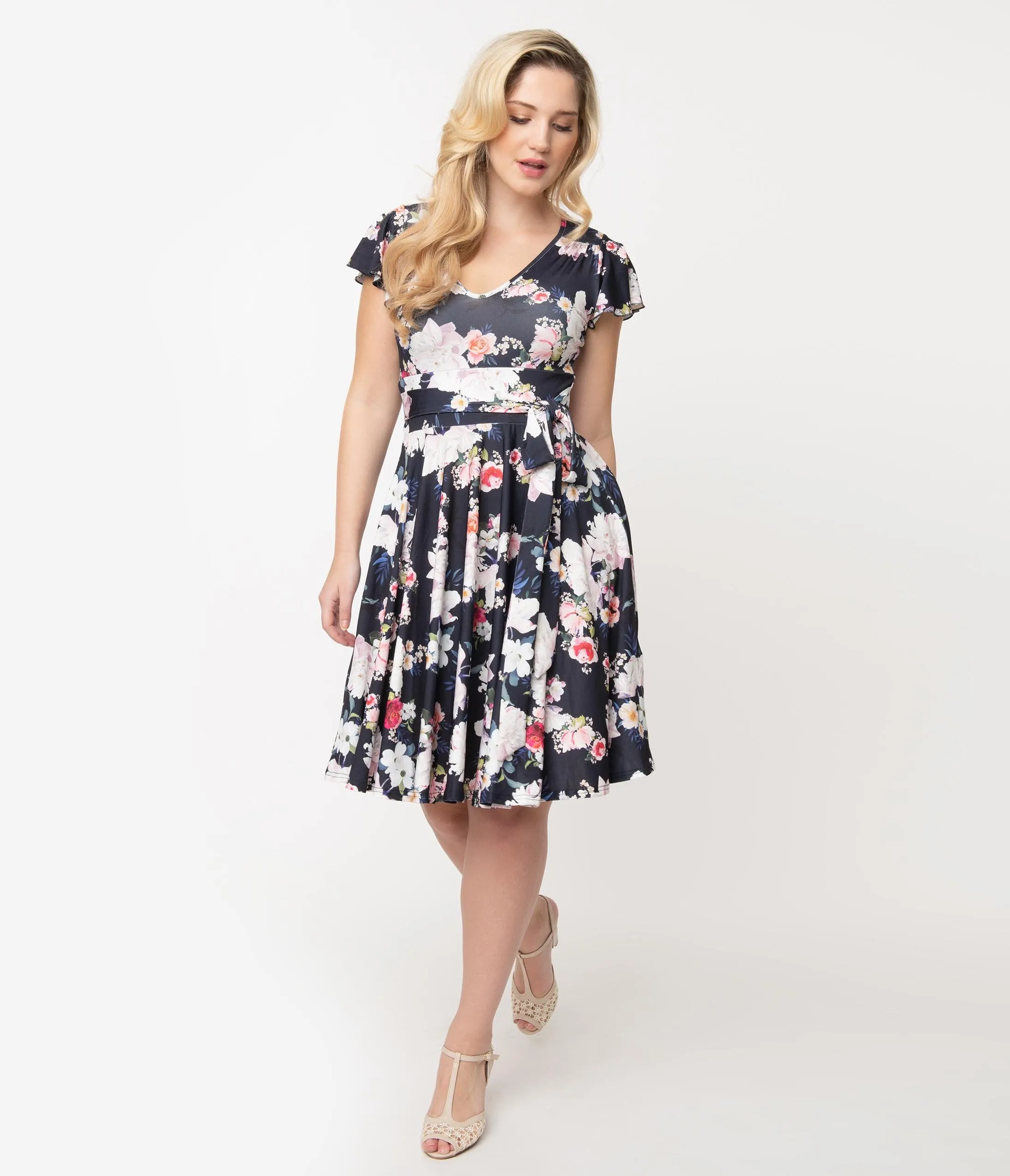 Hell Bunny Navy Blue Floral Print Flutter Sleeve Tussy Mussy Dress