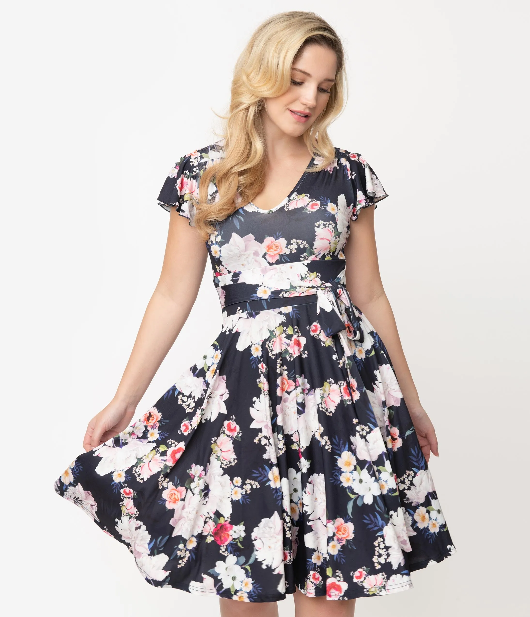 Hell Bunny Navy Blue Floral Print Flutter Sleeve Tussy Mussy Dress