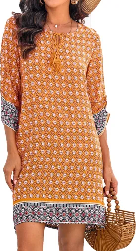 HOTOUCH Women Casual Beach Summer Dress Boho Tassel Tie Neck 3/4 Long Sleeve Short Floral Print Flowy Cover Up Sundresses