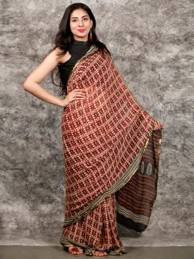 Ivory Red Black Hand Block Printed Chiffon Saree with Zari Border - S031703212