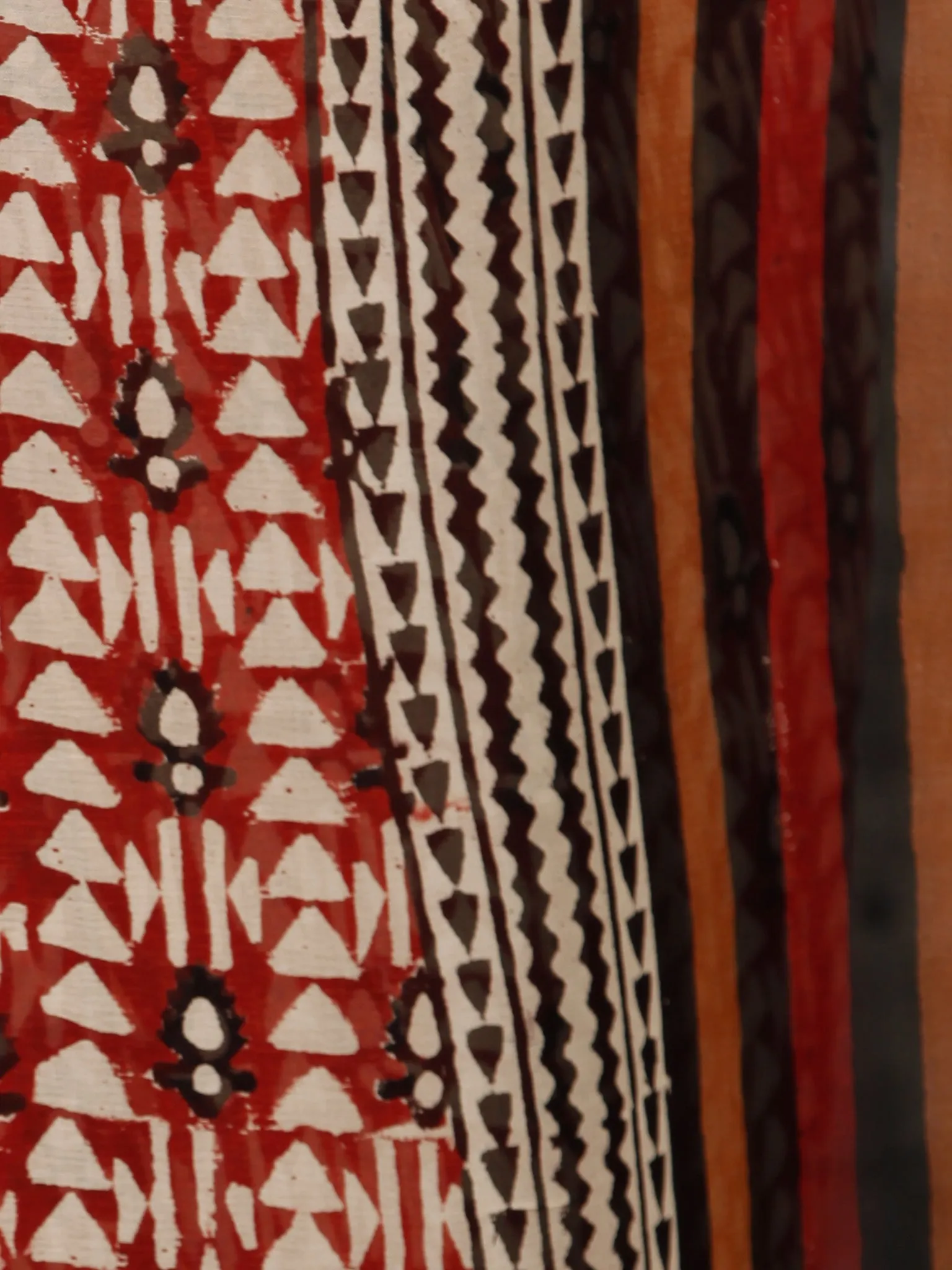 Ivory Red Black Hand Block Printed Chiffon Saree with Zari Border - S031703212