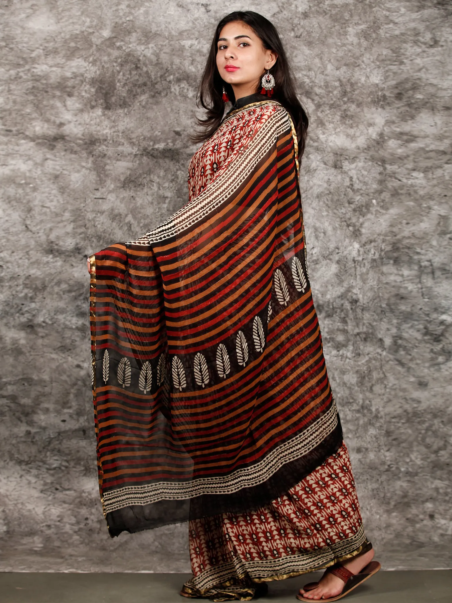 Ivory Red Black Hand Block Printed Chiffon Saree with Zari Border - S031703212