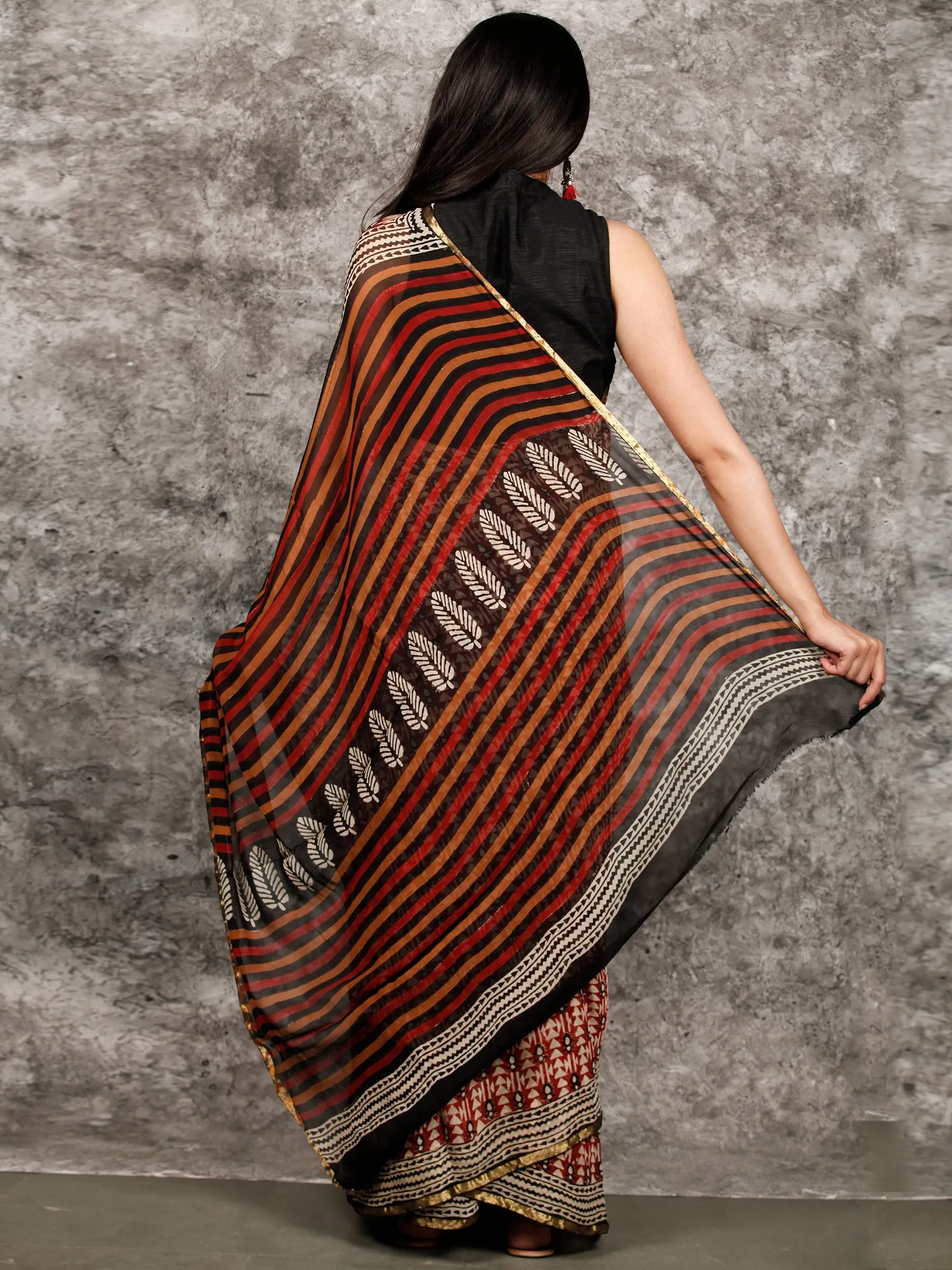 Ivory Red Black Hand Block Printed Chiffon Saree with Zari Border - S031703212