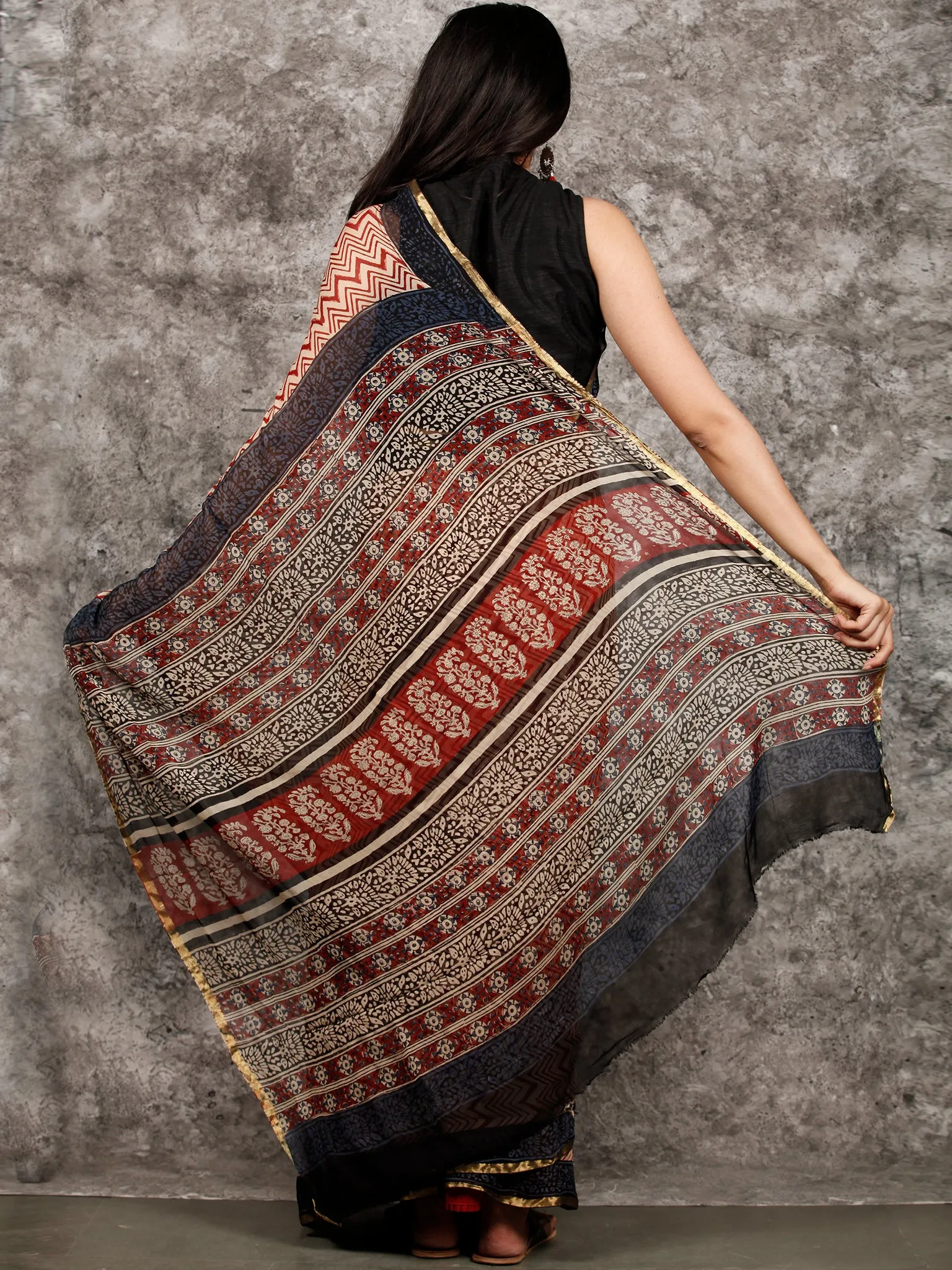 Ivory Red Indigo Black Hand Block Printed Chiffon Saree with Zari Border - S031703215