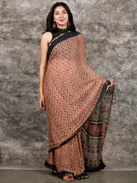 Ivory Red Indigo Black Hand Block Printed Chiffon Saree with Zari Border - S031703215