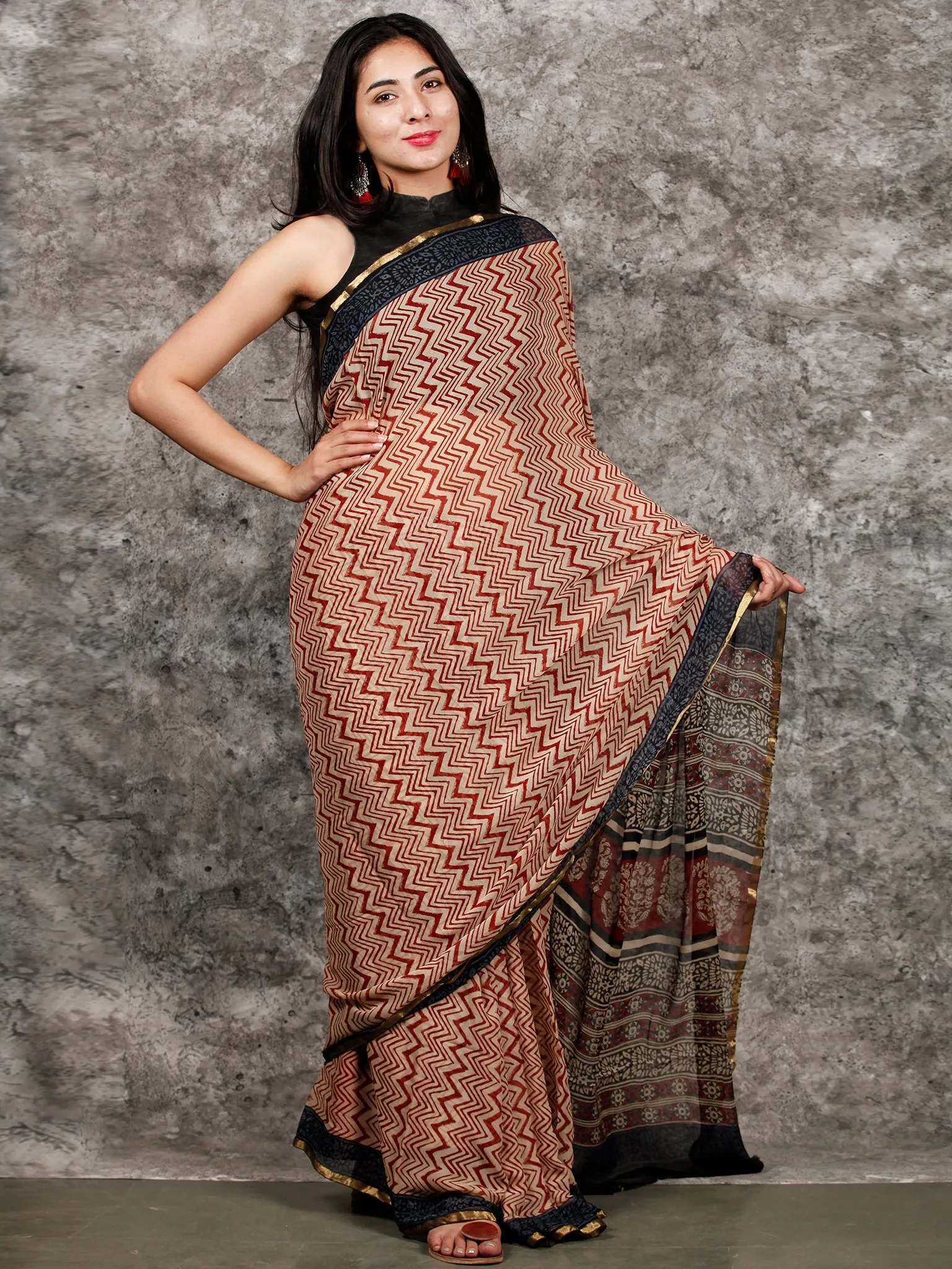 Ivory Red Indigo Black Hand Block Printed Chiffon Saree with Zari Border - S031703215