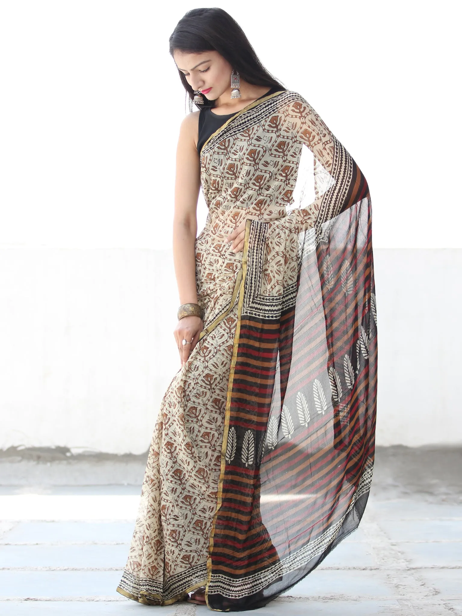 Ivory Rust Black Hand Block Printed Chiffon Saree with Zari Border - S031703912