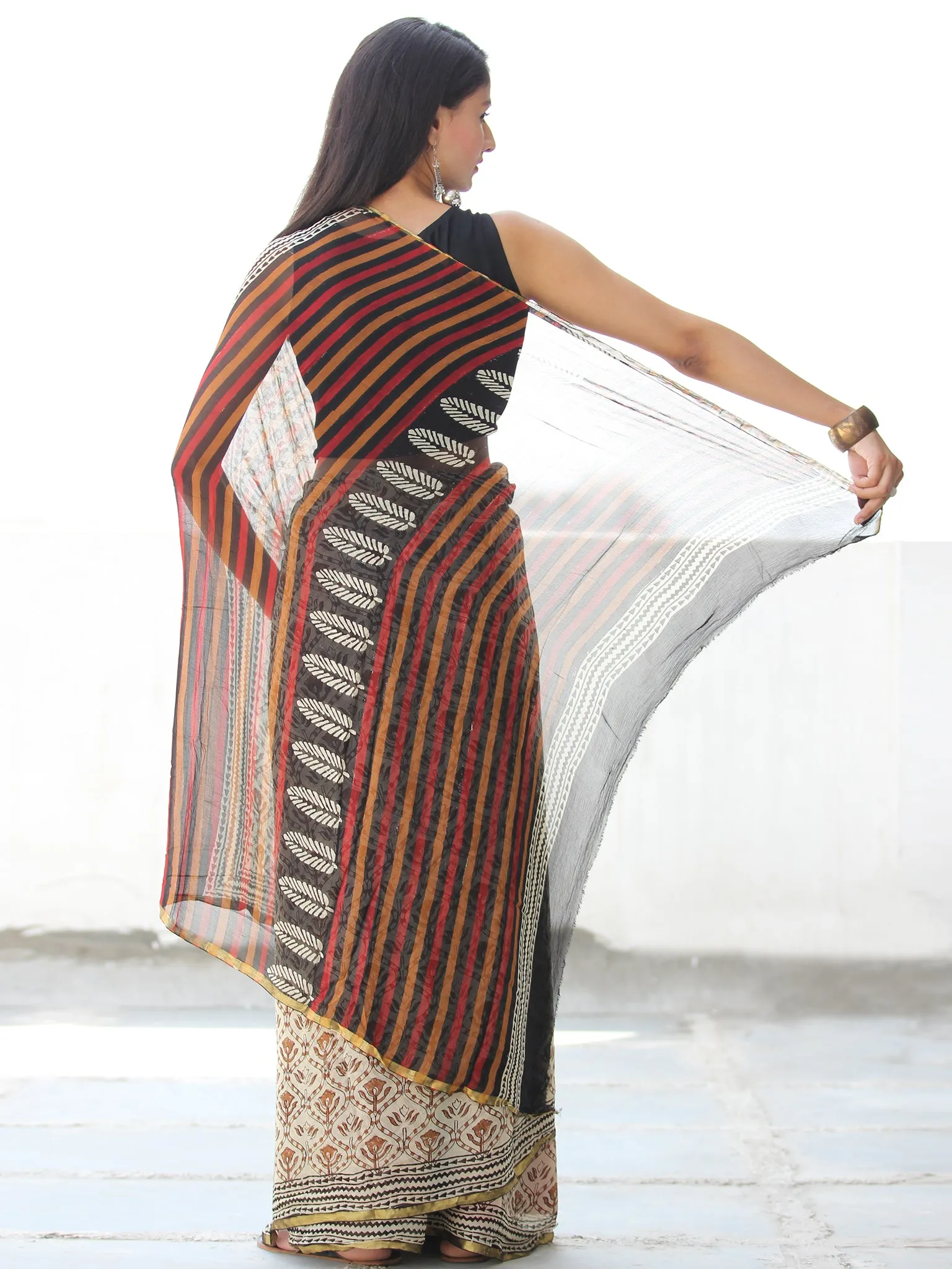 Ivory Rust Black Hand Block Printed Chiffon Saree with Zari Border - S031703912