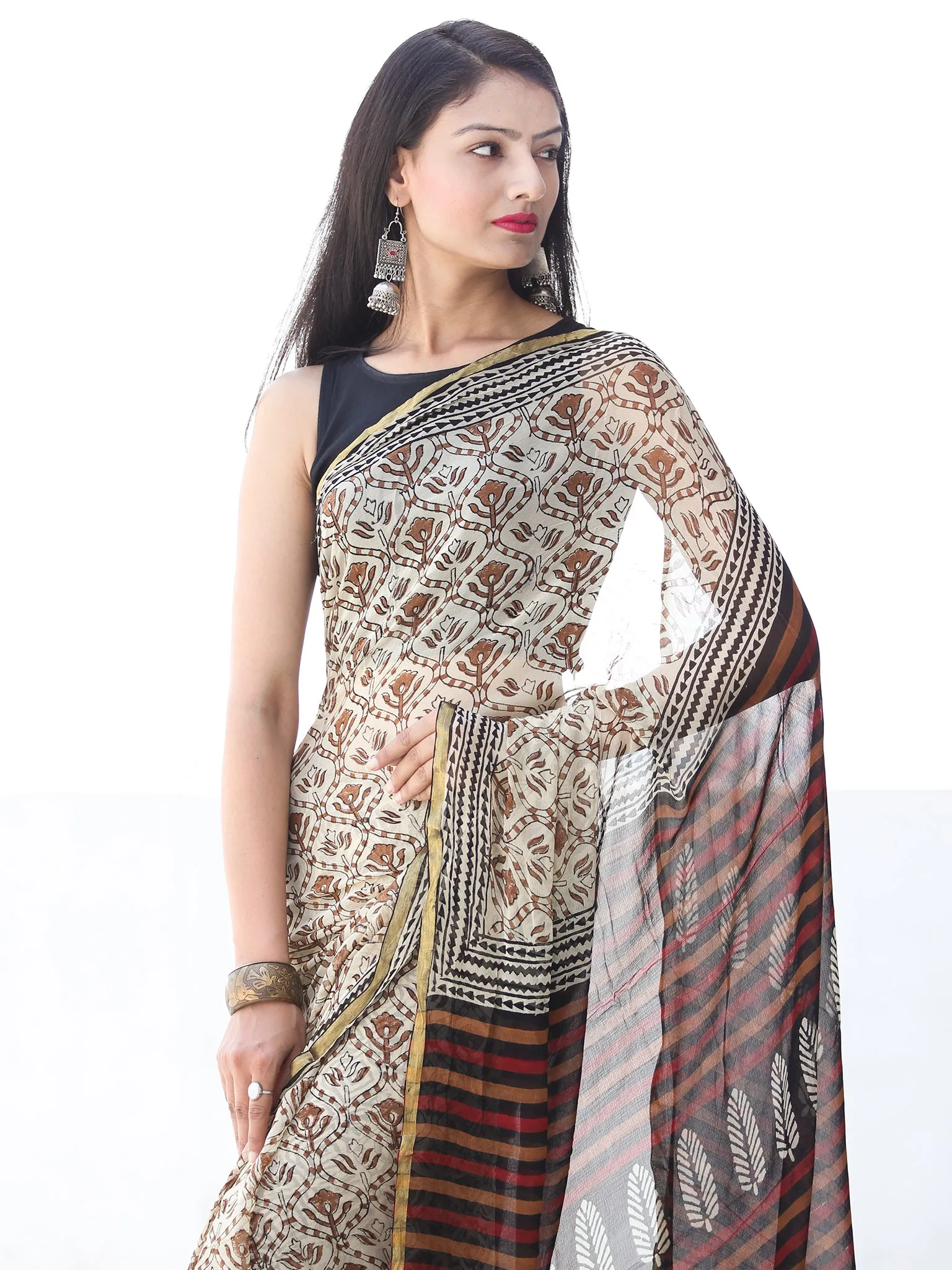 Ivory Rust Black Hand Block Printed Chiffon Saree with Zari Border - S031703912