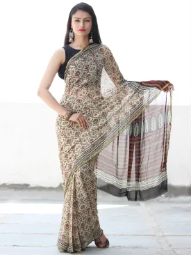 Ivory Rust Black Hand Block Printed Chiffon Saree with Zari Border - S031703912