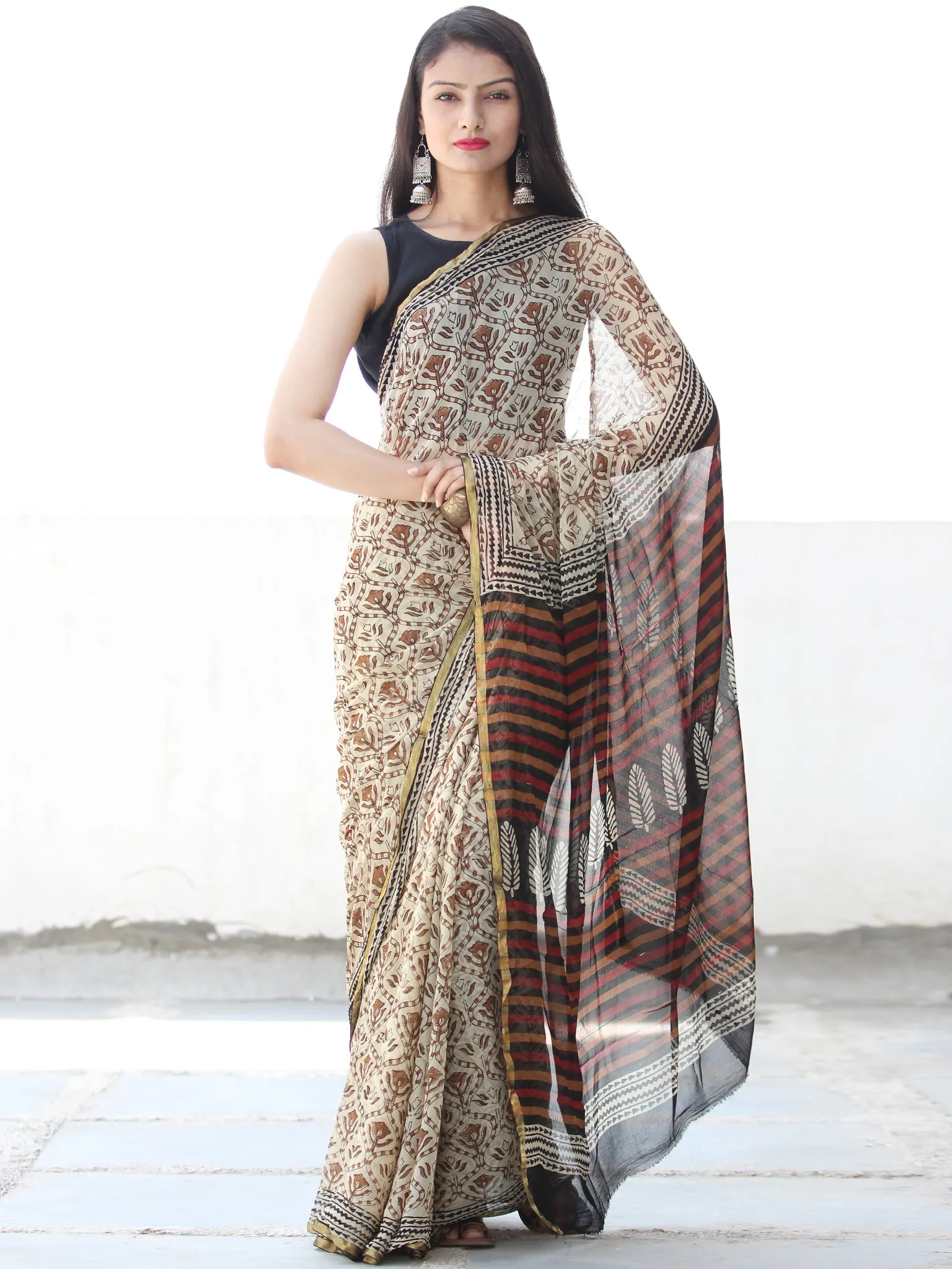 Ivory Rust Black Hand Block Printed Chiffon Saree with Zari Border - S031703912