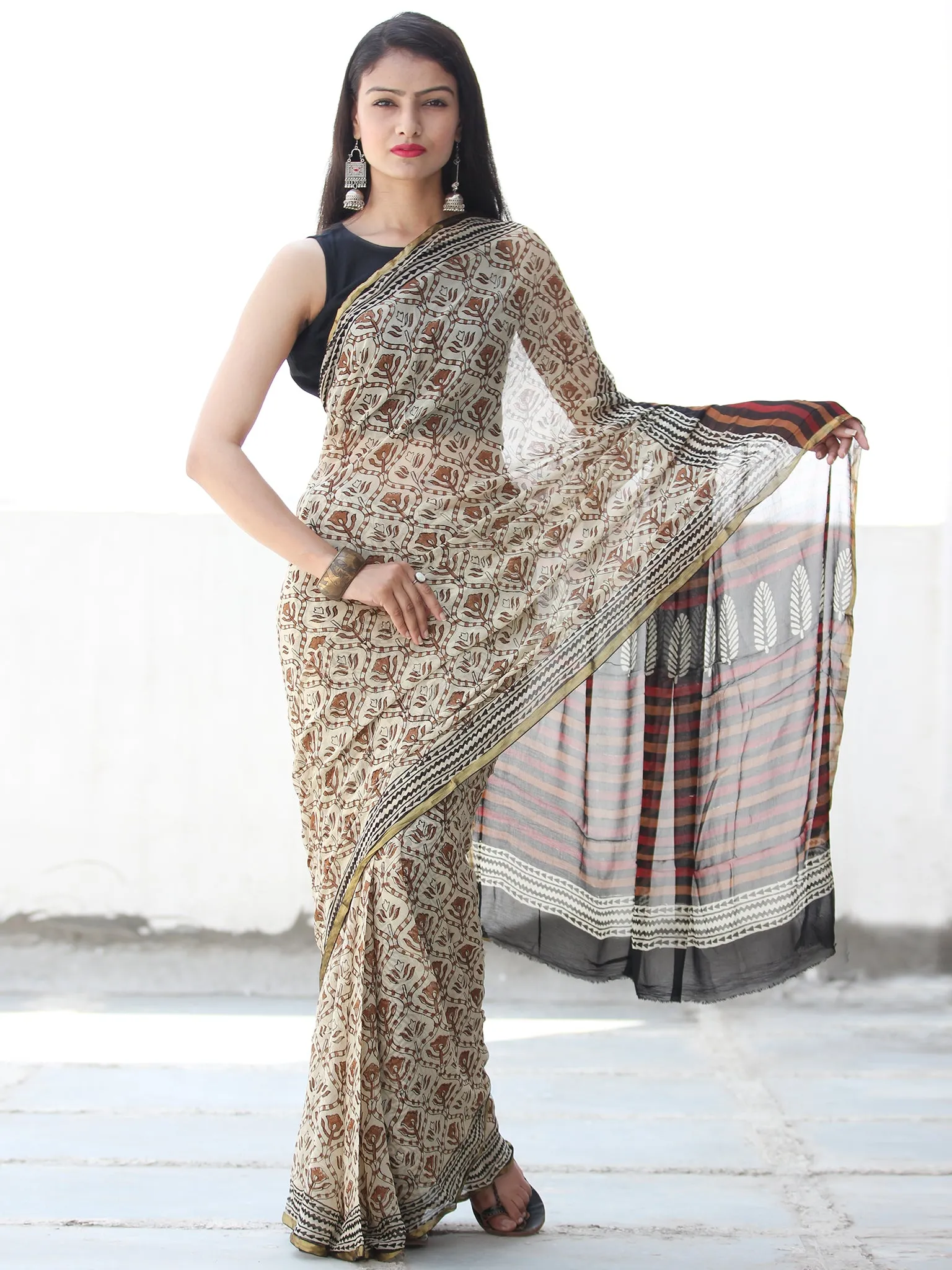 Ivory Rust Black Hand Block Printed Chiffon Saree with Zari Border - S031703912