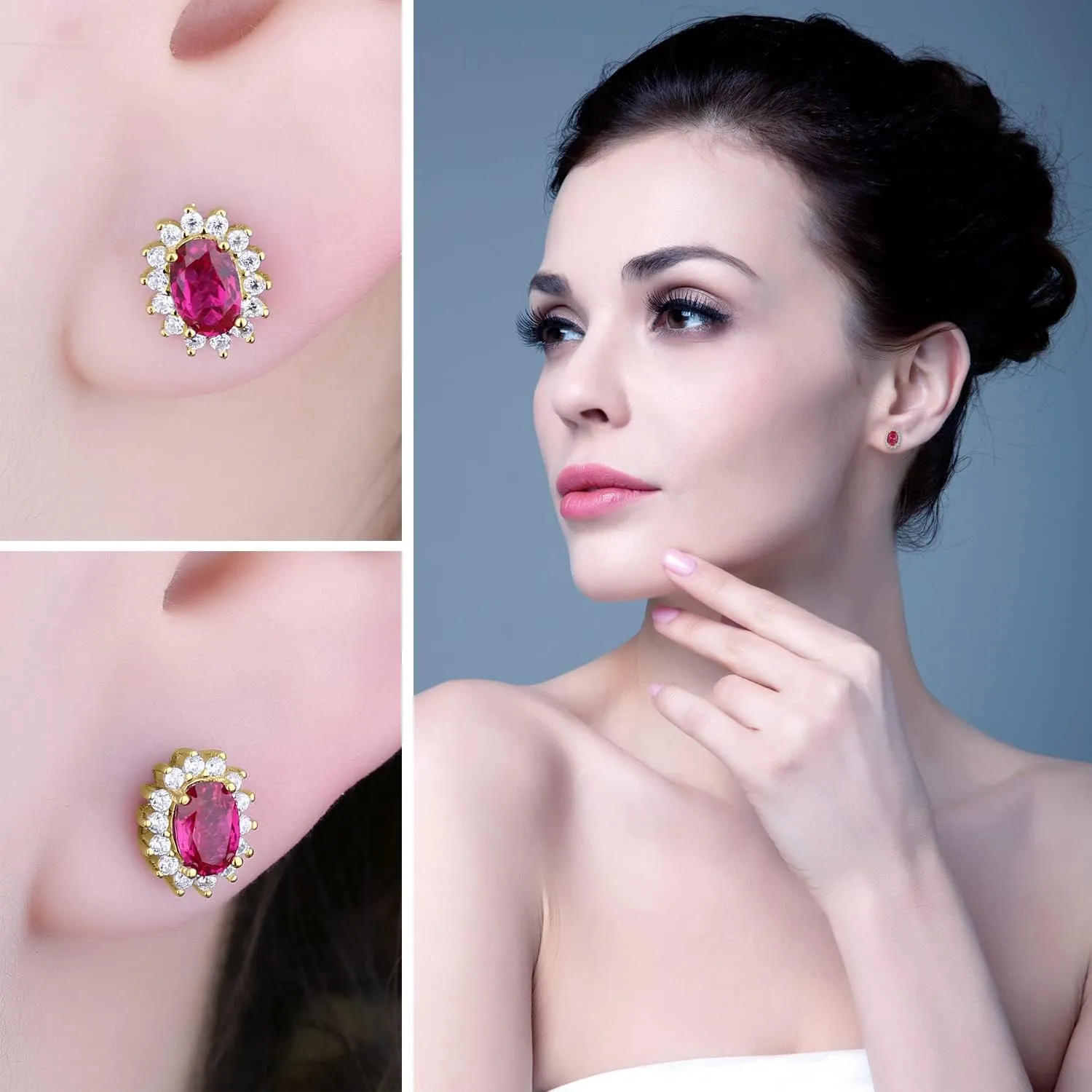 JewelryPalace Princess Diana Kate Middleton Class Gemstone Birthstone Sapphire Emerald Ruby Stud Earrings for Women, 14k Yellow Gold Plated 925 Sterling Silver Earrings for Women, Earings Set