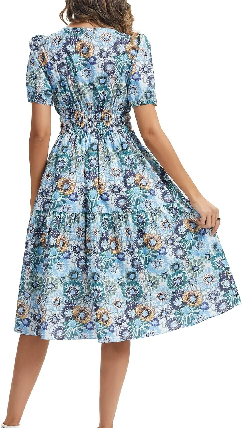 Kormei Women Summer Casual Boho Floral Round Neck Short Sleeve Smocked Waist Tiered Flowy Swing Midi Dress