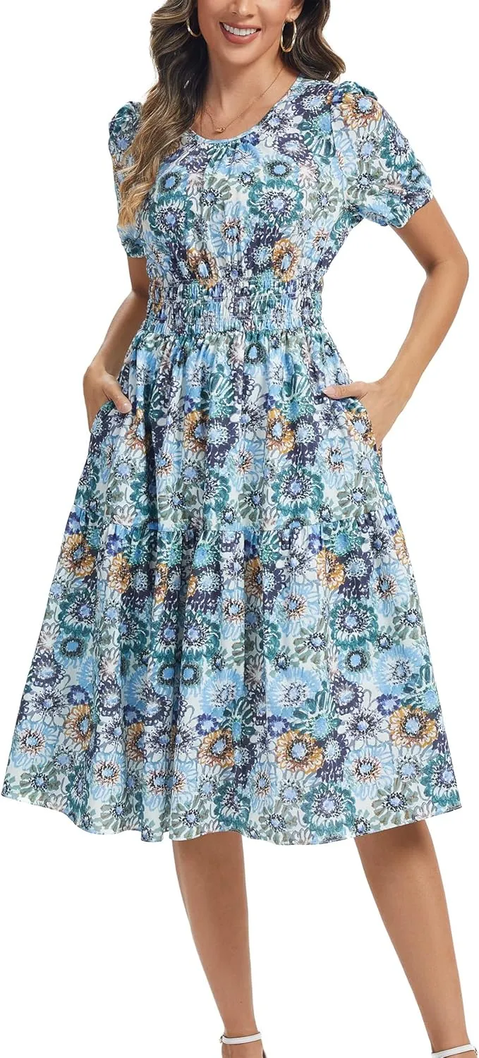 Kormei Women Summer Casual Boho Floral Round Neck Short Sleeve Smocked Waist Tiered Flowy Swing Midi Dress