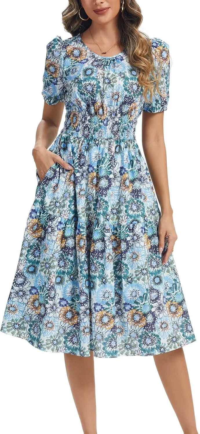 Kormei Women Summer Casual Boho Floral Round Neck Short Sleeve Smocked Waist Tiered Flowy Swing Midi Dress