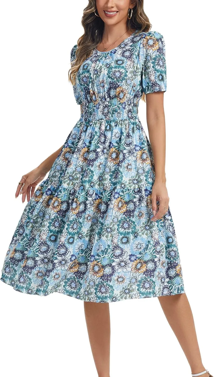 Kormei Women Summer Casual Boho Floral Round Neck Short Sleeve Smocked Waist Tiered Flowy Swing Midi Dress