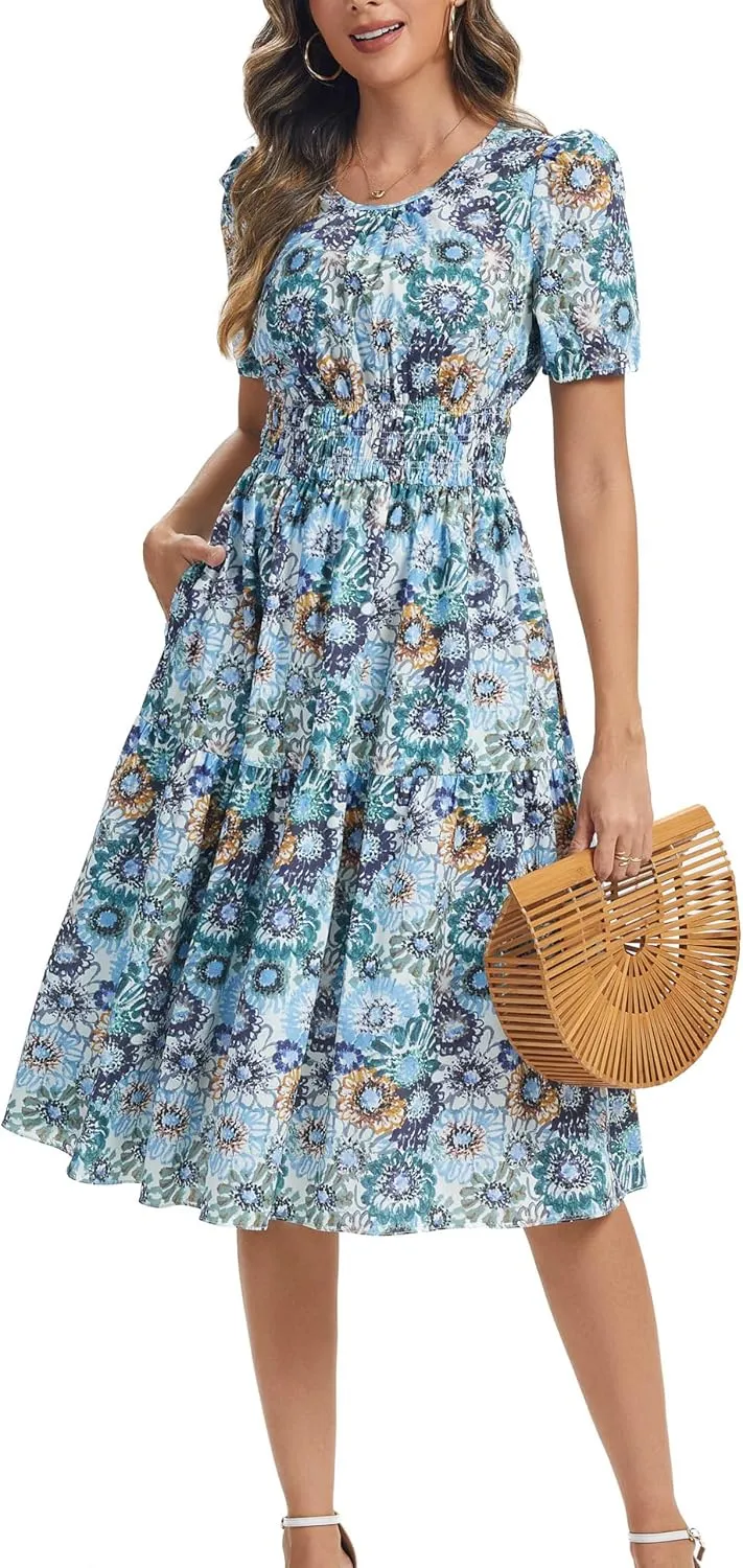 Kormei Women Summer Casual Boho Floral Round Neck Short Sleeve Smocked Waist Tiered Flowy Swing Midi Dress