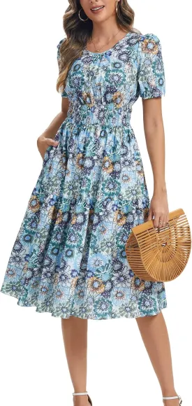 Kormei Women Summer Casual Boho Floral Round Neck Short Sleeve Smocked Waist Tiered Flowy Swing Midi Dress