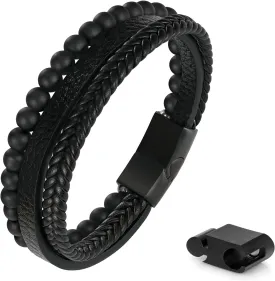 Leather Bead Bracelets for Men, Natural Tiger Eye Lava Rock Stone Bead Magnetic Clasp Adjustable Leather Bracelets Stress Relief Mens Anxiety Bracelet Mens Jewelry Gifts