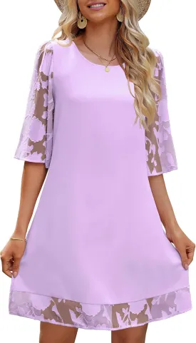 LookbookStore 3/4 Sleeve Dress for Women Shift Cute Summer Tunic Floral Lace Dresses