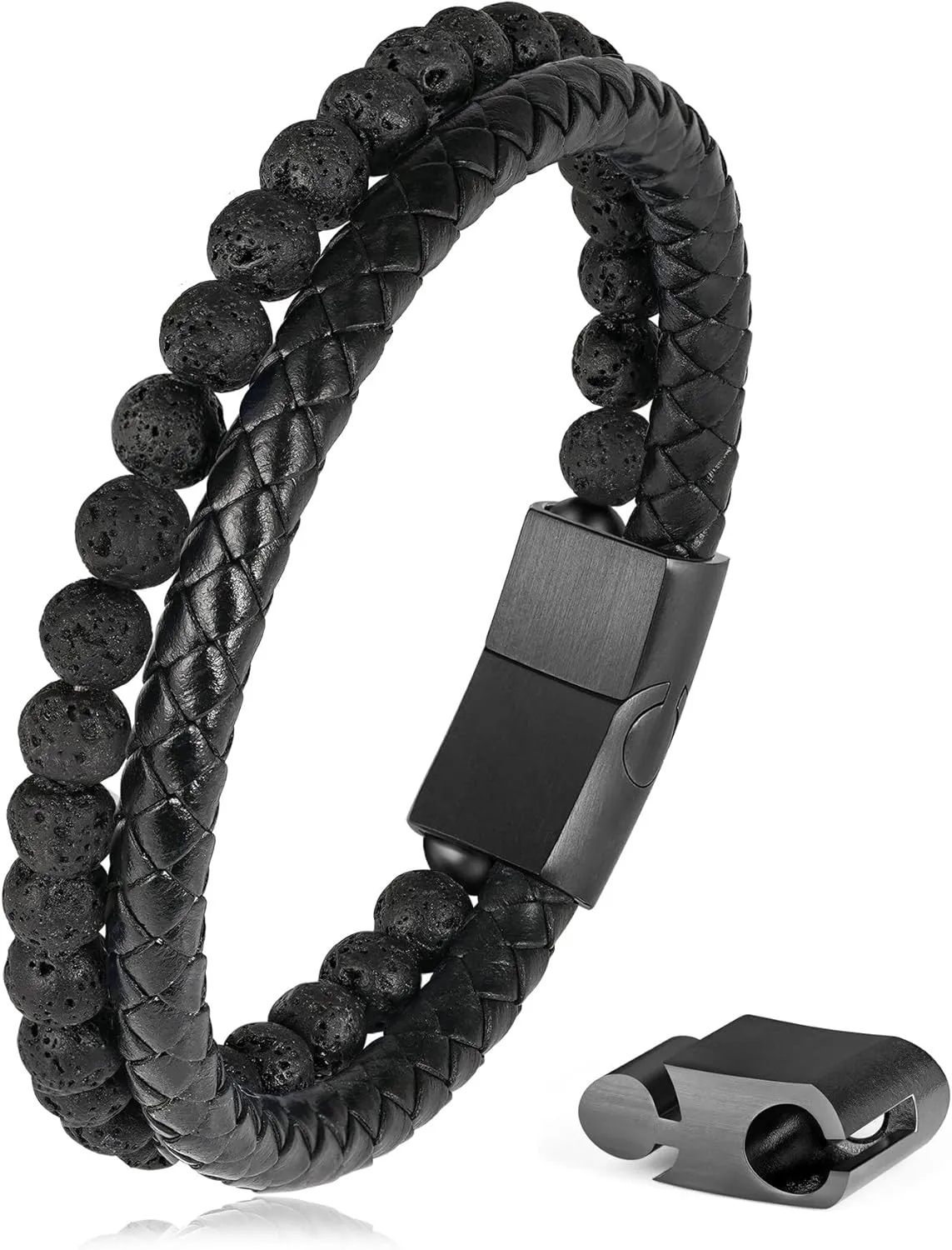 LUXEJEW Gifts for Men - Mens Bracelet, Beaded Leather Bracelets for Men 6mm Tiger Eye Lava Rock Stone Handmade Bracelets Adjustable Stainless Steel Magnetic Clasp Mens Jewelry Gifts