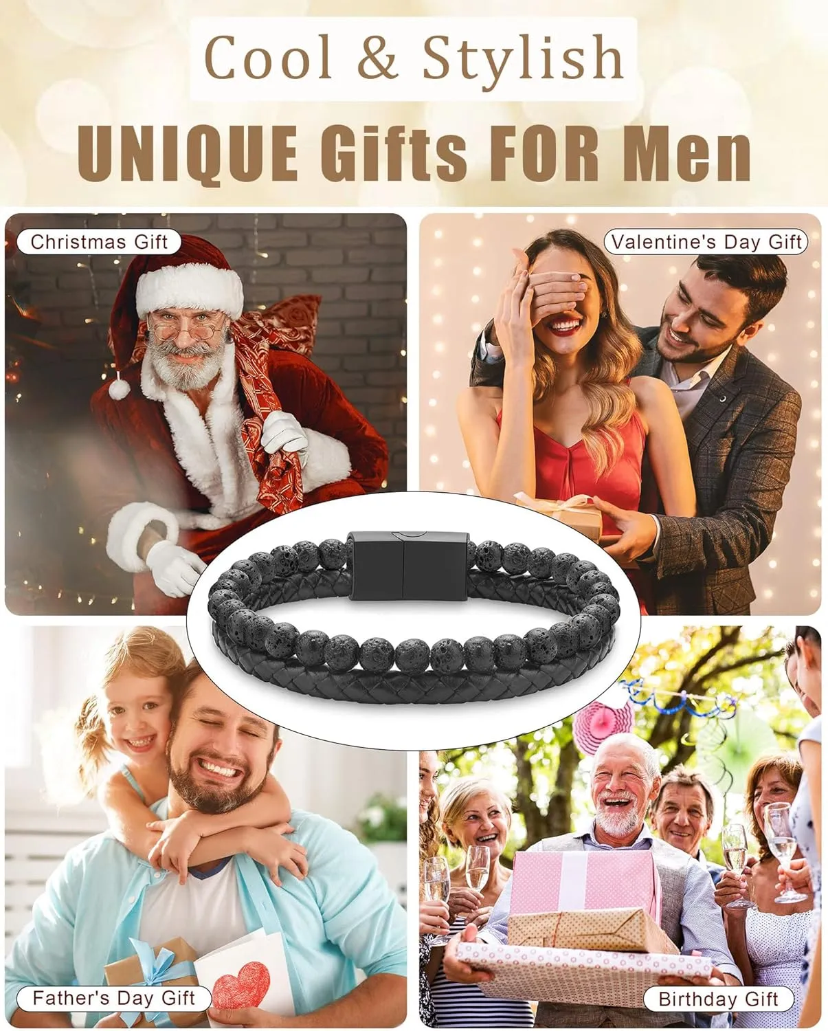 LUXEJEW Gifts for Men - Mens Bracelet, Beaded Leather Bracelets for Men 6mm Tiger Eye Lava Rock Stone Handmade Bracelets Adjustable Stainless Steel Magnetic Clasp Mens Jewelry Gifts