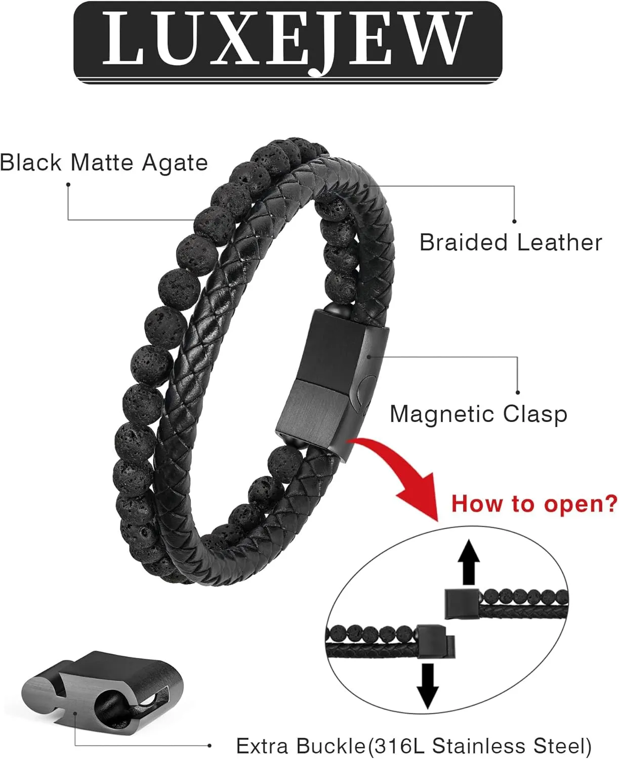 LUXEJEW Gifts for Men - Mens Bracelet, Beaded Leather Bracelets for Men 6mm Tiger Eye Lava Rock Stone Handmade Bracelets Adjustable Stainless Steel Magnetic Clasp Mens Jewelry Gifts