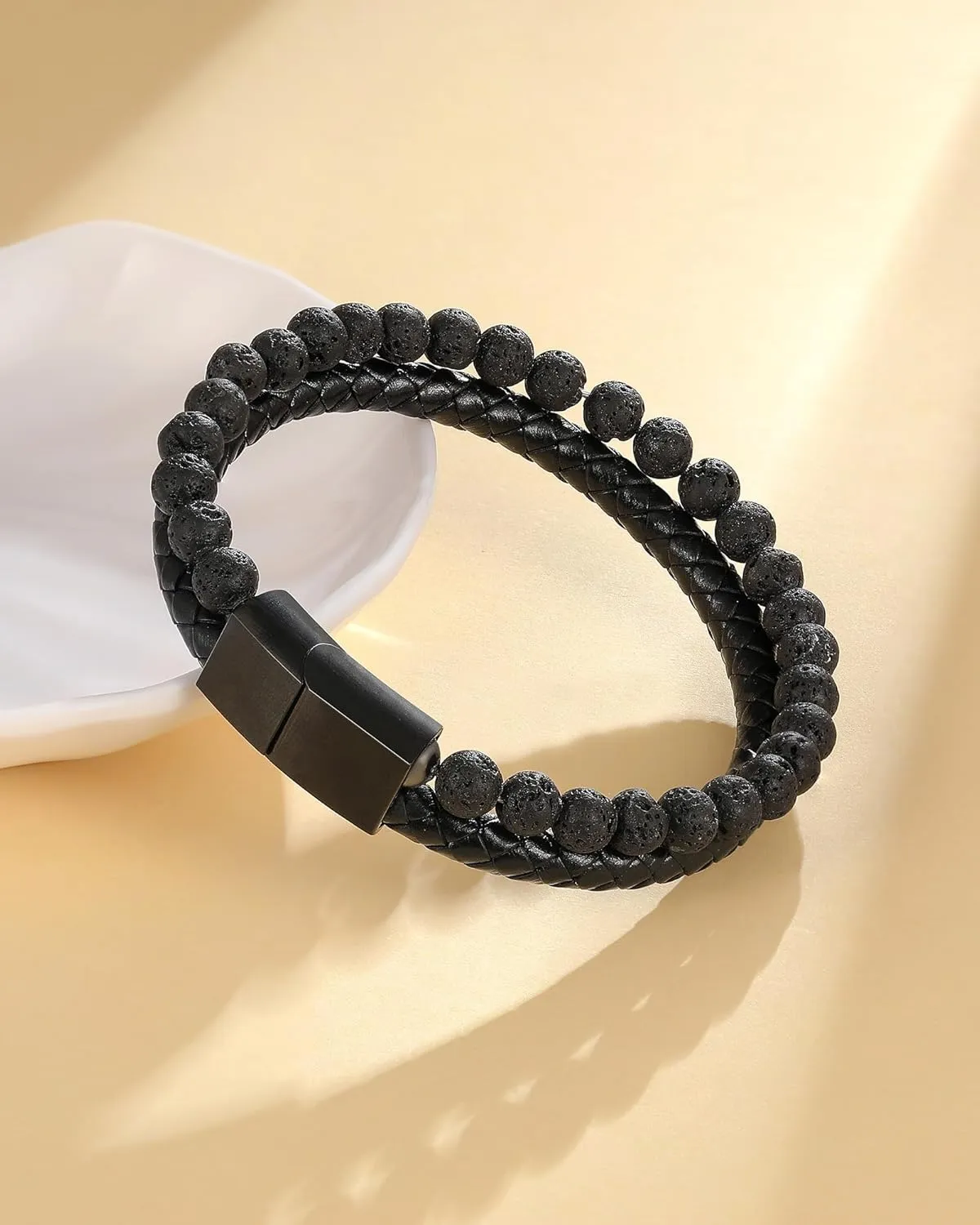 LUXEJEW Gifts for Men - Mens Bracelet, Beaded Leather Bracelets for Men 6mm Tiger Eye Lava Rock Stone Handmade Bracelets Adjustable Stainless Steel Magnetic Clasp Mens Jewelry Gifts