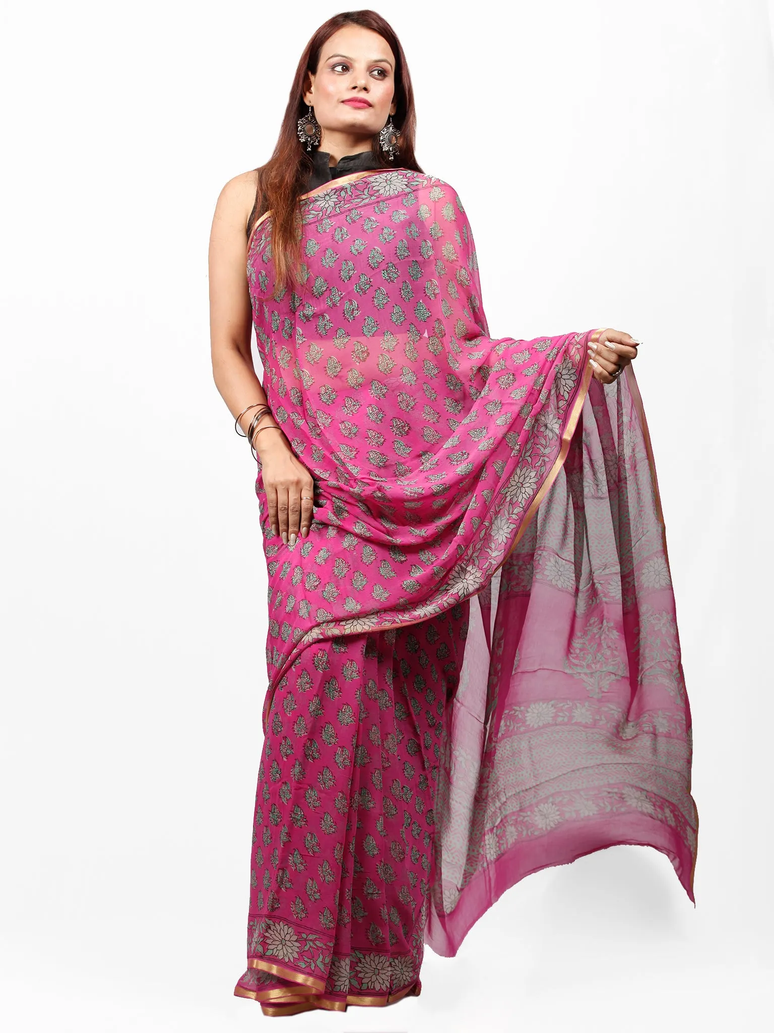 Magenta Pink Green Hand Block Printed Chiffon Saree with Zari Border - S031703429