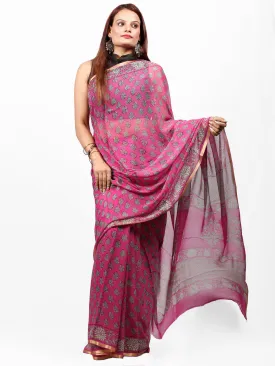 Magenta Pink Green Hand Block Printed Chiffon Saree with Zari Border - S031703429