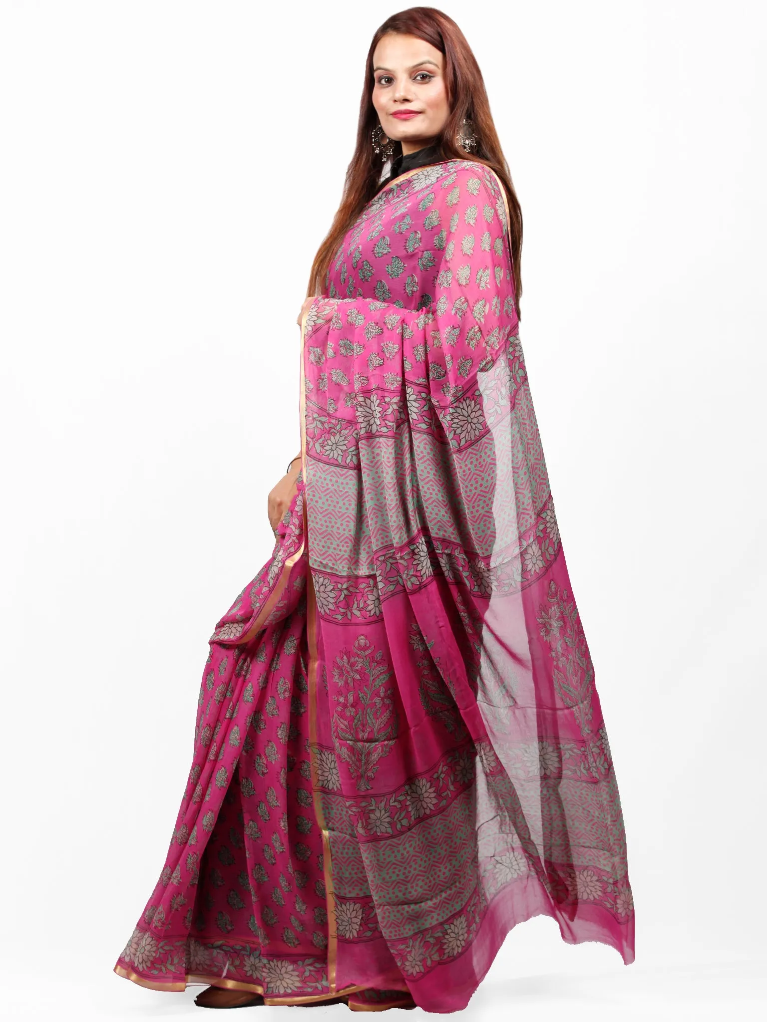 Magenta Pink Green Hand Block Printed Chiffon Saree with Zari Border - S031703429