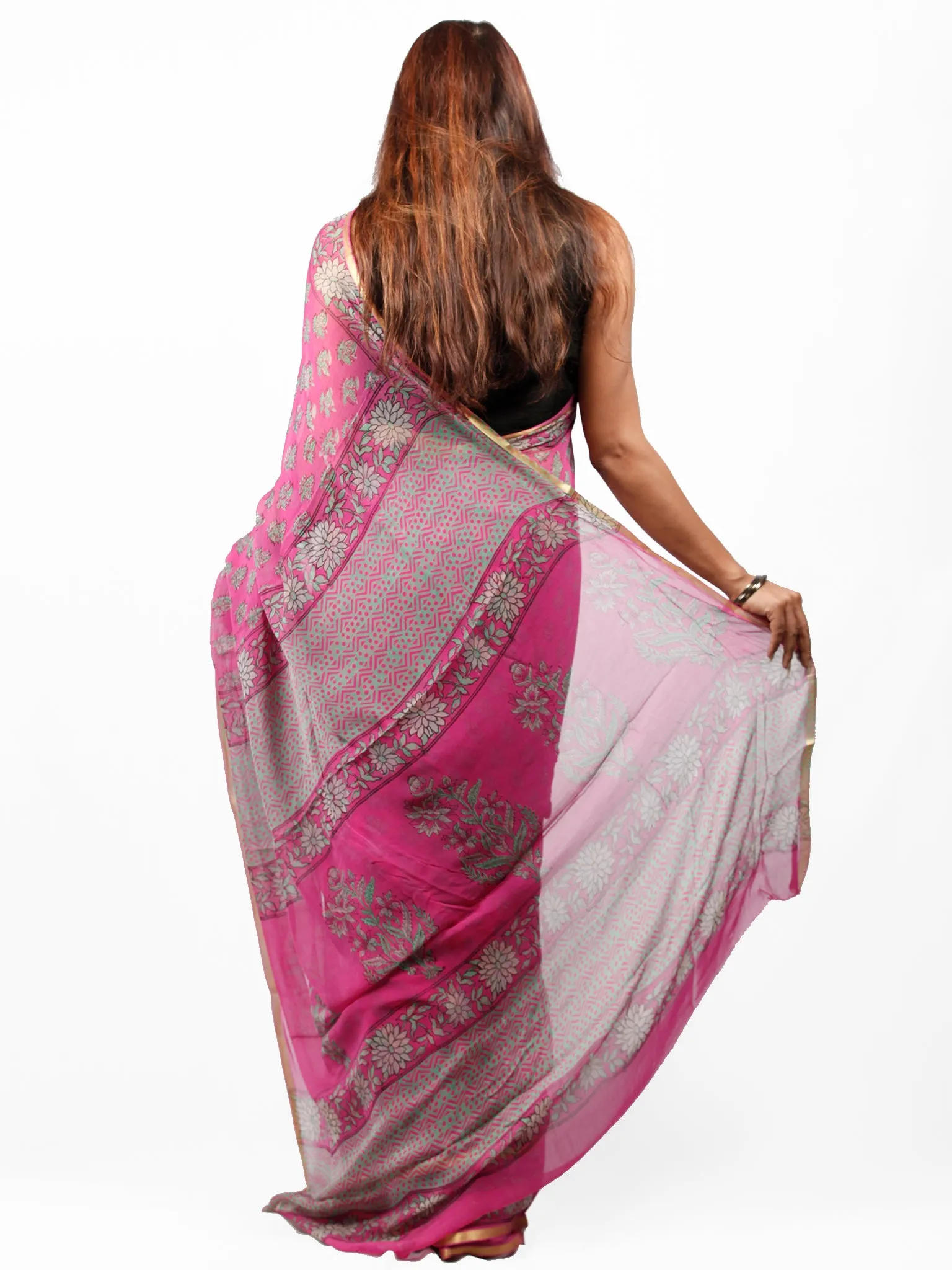 Magenta Pink Green Hand Block Printed Chiffon Saree with Zari Border - S031703429
