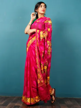 Maroon Yellow Green Aari Embroidered Chiffon Saree With Paisley Self From Kashmir - S031703078