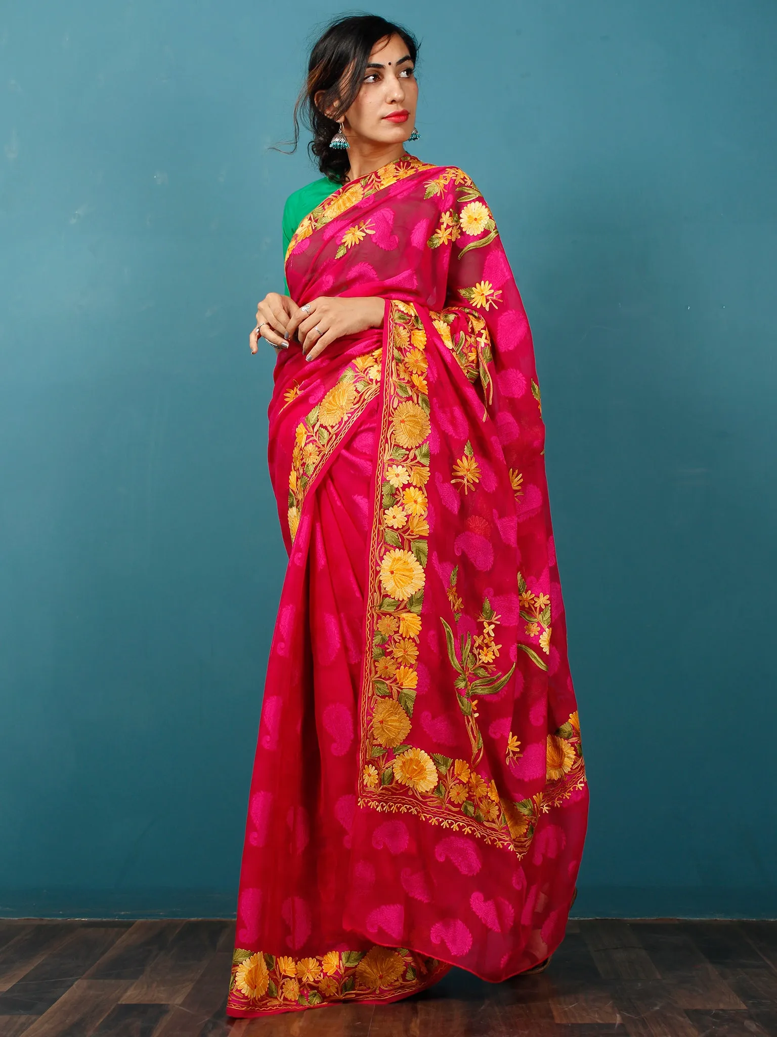Maroon Yellow Green Aari Embroidered Chiffon Saree With Paisley Self From Kashmir - S031703078
