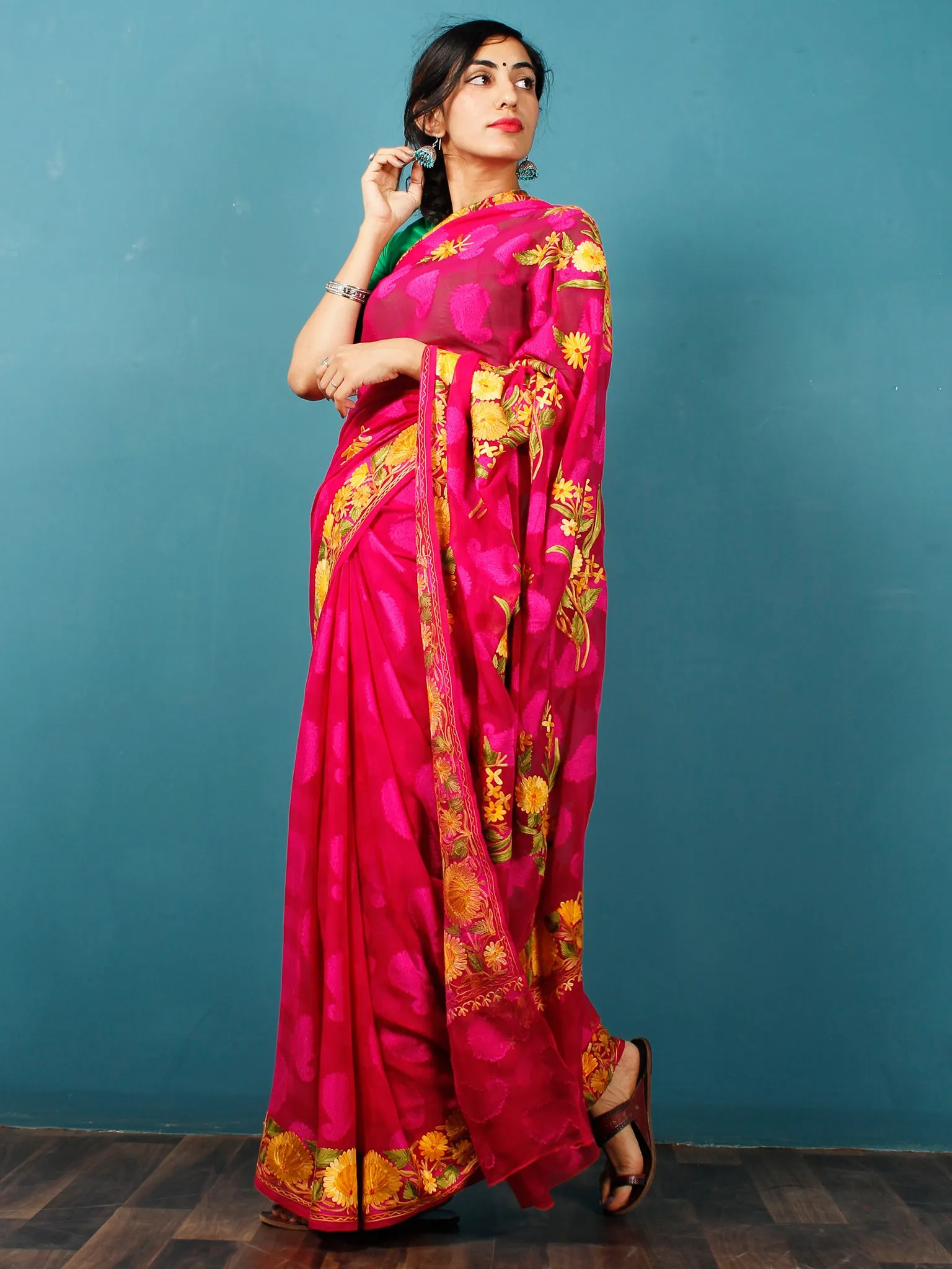 Maroon Yellow Green Aari Embroidered Chiffon Saree With Paisley Self From Kashmir - S031703078