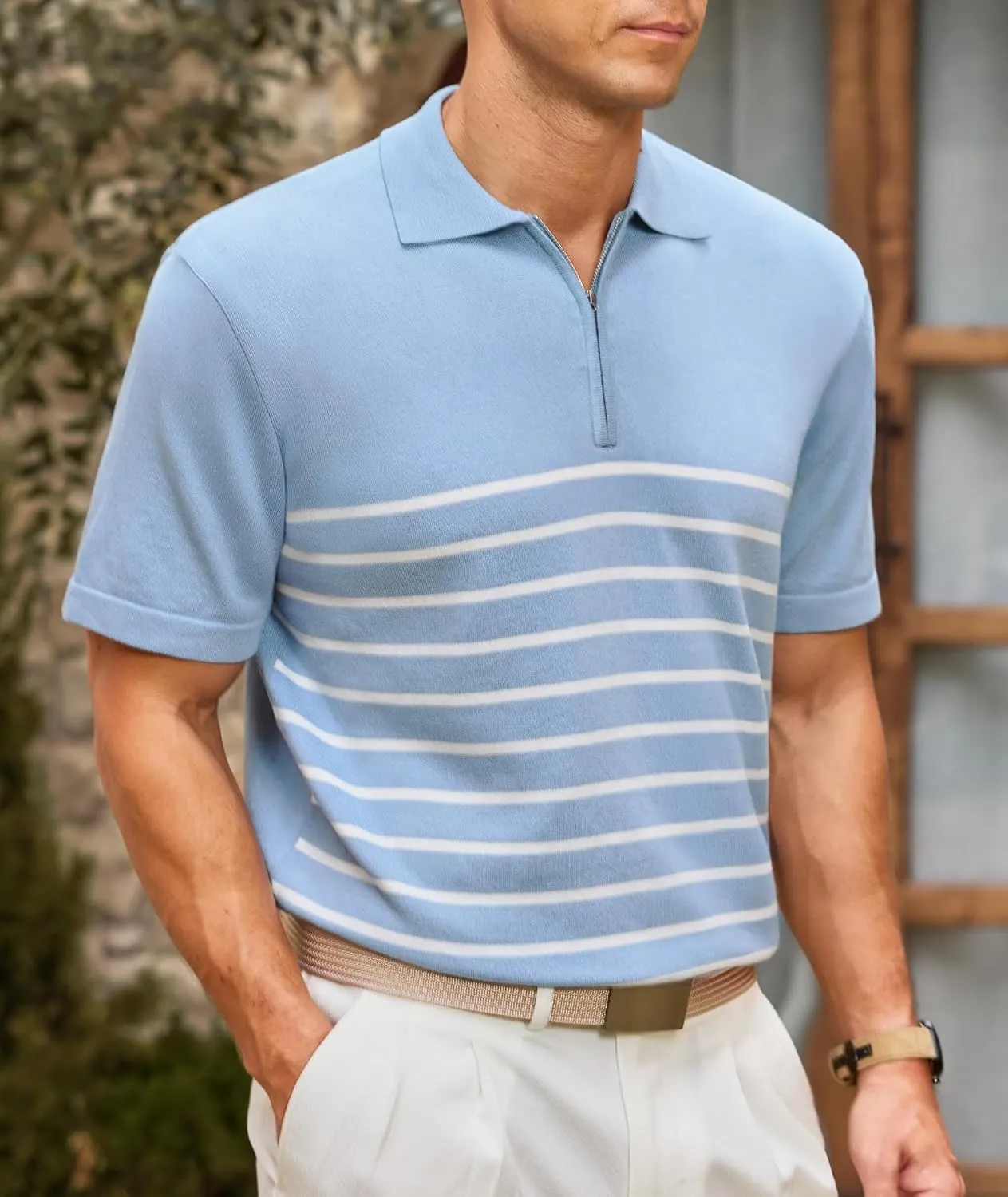 Mens Knit Polo Shirts Short Sleeve Vintage Striped T Shirts Zipper Collared Lightweight Golf Shirt