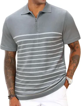 Mens Knit Polo Shirts Short Sleeve Vintage Striped T Shirts Zipper Collared Lightweight Golf Shirt