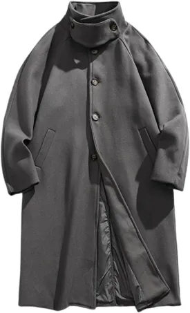 Mens Peacoat Jacket Winter Stand Collar Wool Blend Trench Coat Single Long Overcoat Soild Pea Coat Jackets