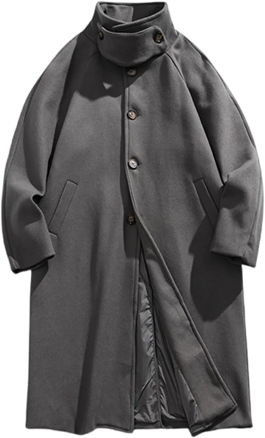 Mens Peacoat Jacket Winter Stand Collar Wool Blend Trench Coat Single Long Overcoat Soild Pea Coat Jackets